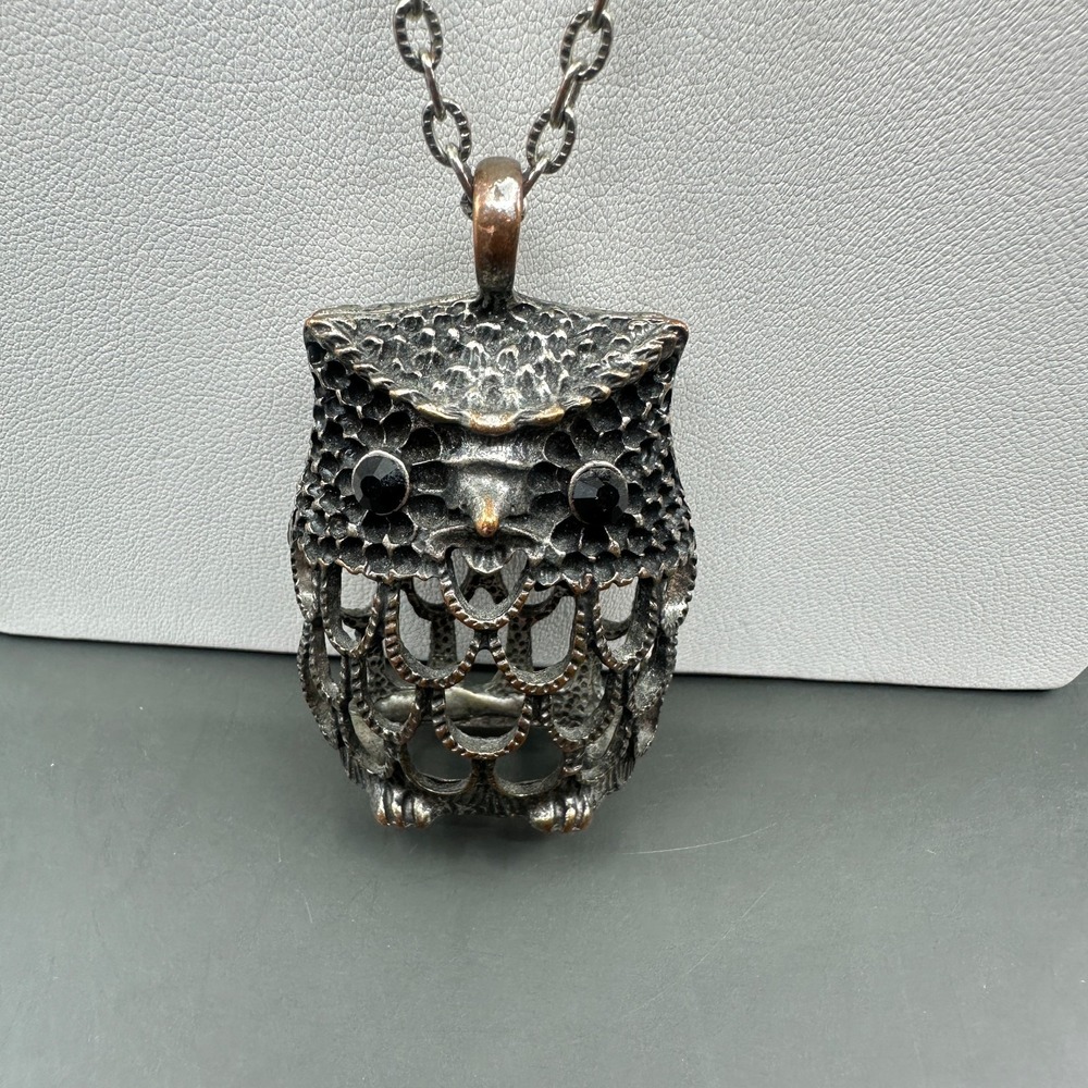Silver Tone Owl Pendant Necklace Black Rhinestone Eyes Gothic Statement Vintage